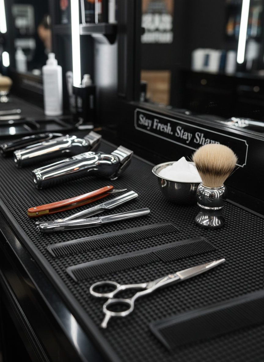 A close-up, photographic realism shot of pristine barber tools laid out with precision on a dark, textured rubber mat atop a sleek black counter. Chrome clippers, gleaming straight razors, matte black combs, and polished silver scissors are aligned in perfect order, with a classic shaving brush resting in a small stainless-steel bowl filled with rich, white shaving foam. The scene is lit by focused overhead LED lighting, creating crisp highlights on the metal edges and subtle shadows that emphasize texture and craftsmanship. The background softly falls into bokeh, hinting at blurred mirrors and product shelves. Captured from a slightly elevated angle, the composition uses the rule of thirds to draw attention to the tools. The mood is professional, meticulous, and sharp, echoing the salon’s “Stay Fresh. Stay Sharp.” tagline.