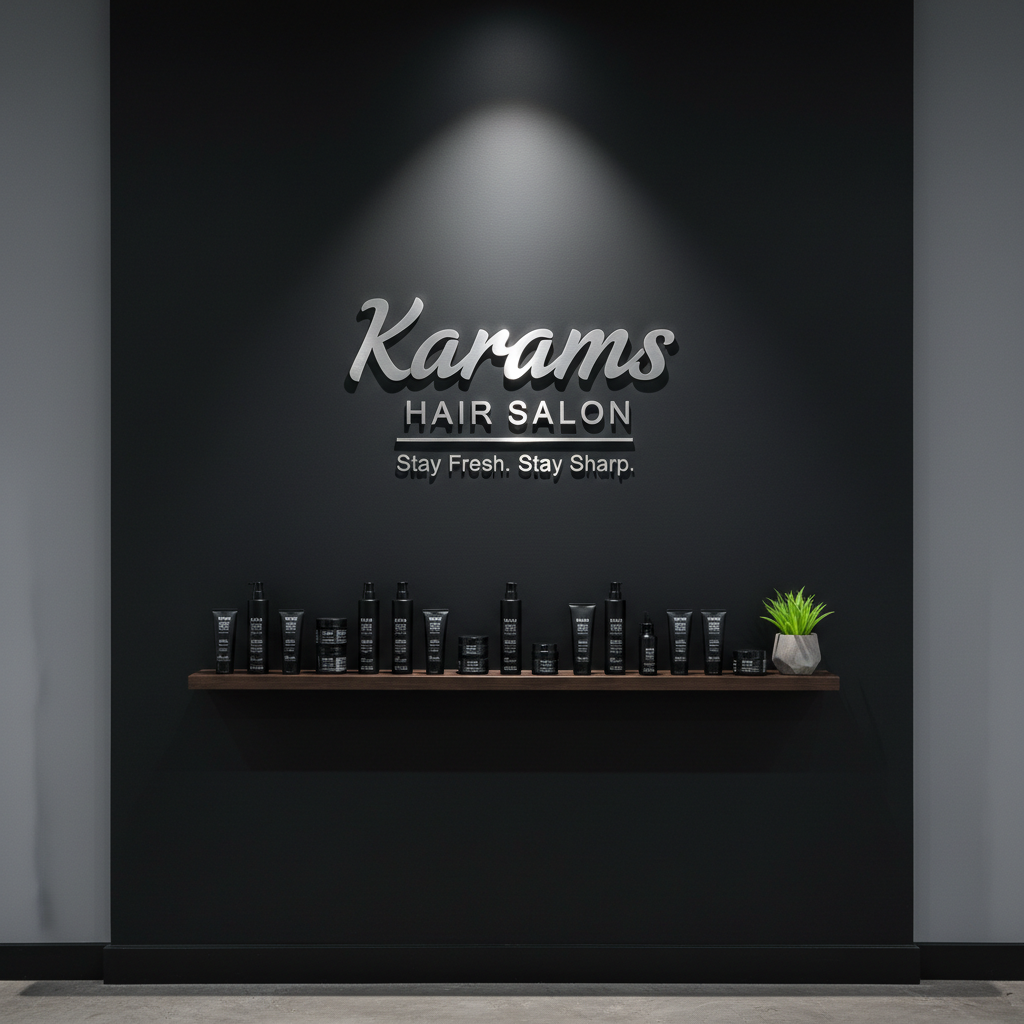 A meticulously detailed, photographic realism image of a barbershop branding corner, featuring a matte-black feature wall with the logo “Karams Hair Salon” in brushed metal lettering and the tagline “Stay Fresh. Stay Sharp.” in smaller, elegant type beneath. Below the signage, a floating dark-wood shelf displays a curated lineup of premium hair and beard products in uniform black and silver packaging, along with a single, small potted green plant for contrast. A subtle spotlight from above casts a focused beam on the logo, creating gentle shadows that enhance the three-dimensional lettering. The surroundings are minimal and clean, with a smooth, medium-gray wall and a hint of polished concrete floor at the bottom edge of the frame. Shot straight-on with sharp focus throughout, the mood is professional, modern, and refined, perfectly suited to a high-end barbershop brand.