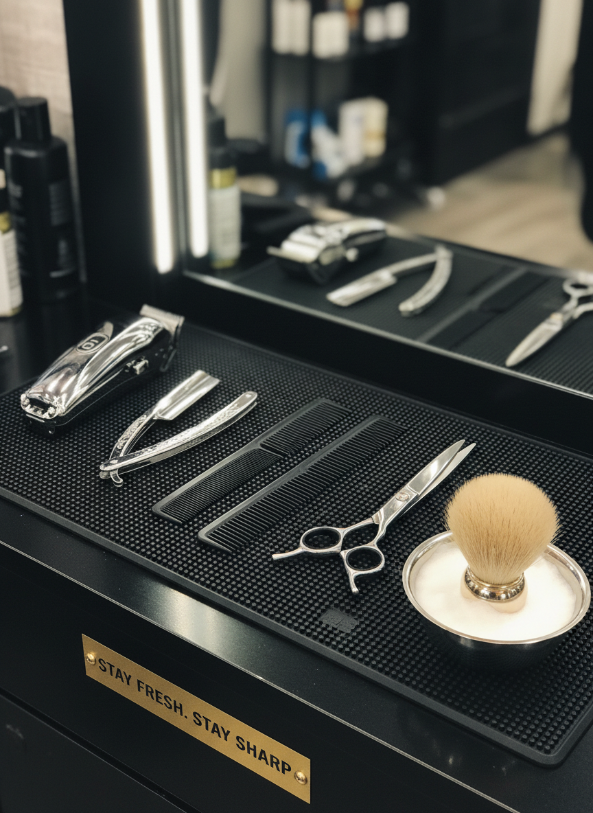 A close-up, photographic realism shot of pristine barber tools laid out with precision on a dark, textured rubber mat atop a sleek black counter. Chrome clippers, gleaming straight razors, matte black combs, and polished silver scissors are aligned in perfect order, with a classic shaving brush resting in a small stainless-steel bowl filled with rich, white shaving foam. The scene is lit by focused overhead LED lighting, creating crisp highlights on the metal edges and subtle shadows that emphasize texture and craftsmanship. The background softly falls into bokeh, hinting at blurred mirrors and product shelves. Captured from a slightly elevated angle, the composition uses the rule of thirds to draw attention to the tools. The mood is professional, meticulous, and sharp, echoing the salon’s “Stay Fresh. Stay Sharp.” tagline.
