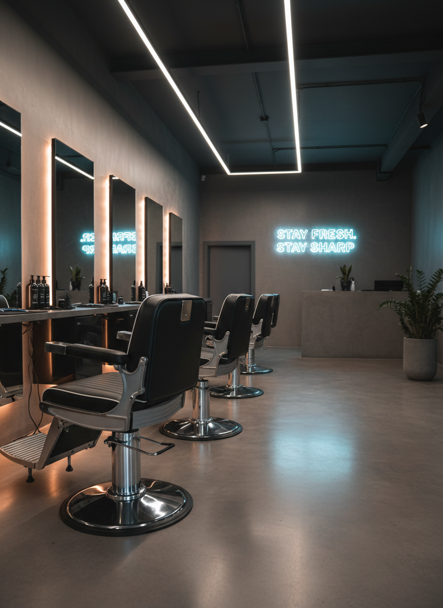A dramatic, photographic realism image of an ultra-modern barbershop interior at closing time, with every station perfectly reset. Multiple matching barber chairs in matte black and brushed steel line up in front of seamless wall-length mirrors, each station featuring minimal, well-organized tools and neatly displayed grooming products. The floor is a polished concrete that reflects a subtle sheen from slim, linear LED lights running along the ceiling. Ambient, cool-toned lighting mixes with a gentle warm glow from hidden strip lights beneath counters, creating depth and contrast. Captured from a wide-angle, slightly low perspective, the composition emphasizes the crisp lines, symmetry, and depth of the space. The mood is professional, sleek, and quietly confident, conveying a high-end, precision-focused salon that embodies “Stay Fresh. Stay Sharp.” without any human presence.