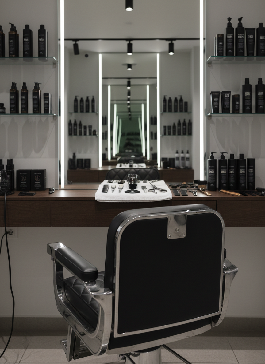 A meticulously organized barber workstation in a modern salon, featuring a gleaming chrome barber chair upholstered in deep charcoal faux leather, its precise stitching and angular armrests catching the light. The chair faces a long, dark-wood counter topped with neatly arranged clippers, scissors, combs, and classic straight razors resting on a folded, crisp white towel. Behind, a large frameless mirror reflects shelves of premium grooming products in minimalist black and silver packaging. Soft, diffused studio lighting from above and behind creates a professional, polished atmosphere with subtle reflections on metal surfaces. Shot at eye level with a medium depth of field, keeping the chair and tools in sharp focus while the background gently blurs. The mood is clean, sharp, and disciplined, emphasizing photographic realism and a high-end barbershop aesthetic.