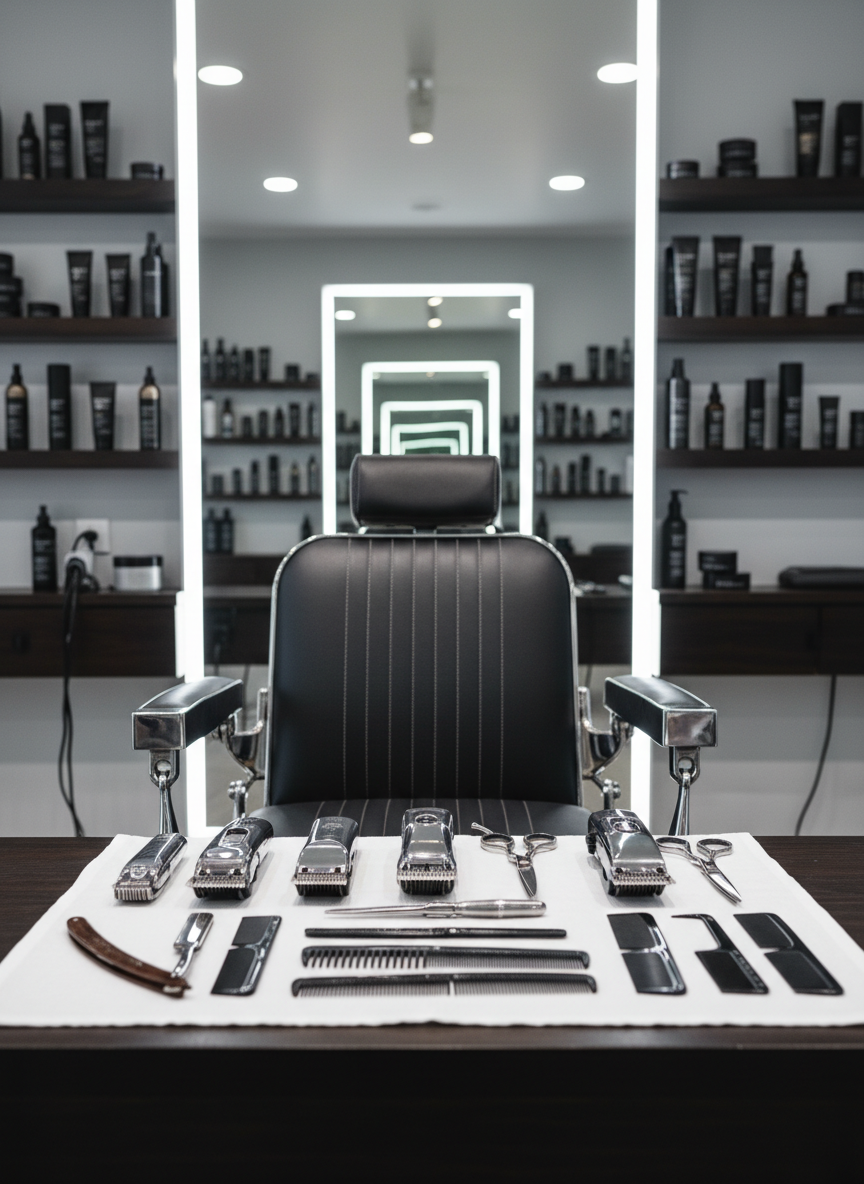 A meticulously organized barber workstation in a modern salon, featuring a gleaming chrome barber chair upholstered in deep charcoal faux leather, its precise stitching and angular armrests catching the light. The chair faces a long, dark-wood counter topped with neatly arranged clippers, scissors, combs, and classic straight razors resting on a folded, crisp white towel. Behind, a large frameless mirror reflects shelves of premium grooming products in minimalist black and silver packaging. Soft, diffused studio lighting from above and behind creates a professional, polished atmosphere with subtle reflections on metal surfaces. Shot at eye level with a medium depth of field, keeping the chair and tools in sharp focus while the background gently blurs. The mood is clean, sharp, and disciplined, emphasizing photographic realism and a high-end barbershop aesthetic.