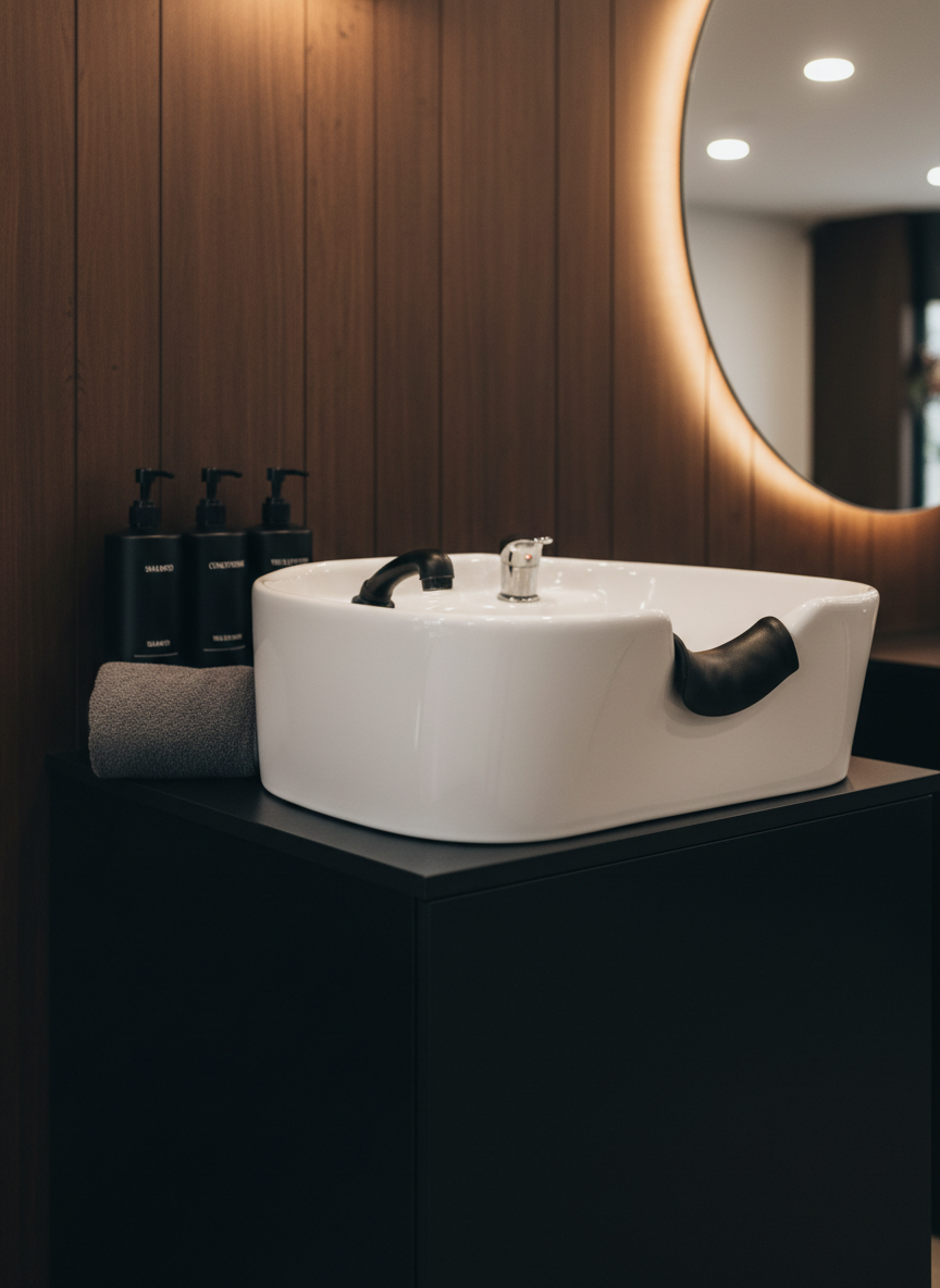 A luxurious barbershop shampoo station rendered in clean, photographic realism, showcasing a glossy white ceramic wash basin with a precisely curved neck rest, integrated into a sleek matte-black cabinet. A neatly folded charcoal towel sits on the edge, beside minimalist black and silver bottles labeled for shampoo, conditioner, and scalp treatments. The setting features a dark wood accent wall and a faint reflection of the space in a subtle side mirror. Soft, diffused overhead lighting mixed with a gentle side glow creates a calm, spa-like atmosphere, highlighting the smooth surfaces and gentle curves of the basin. Shot from a slightly elevated three-quarter angle with moderate depth of field, the composition feels balanced and uncluttered. The mood is professional yet soothing, emphasizing comfort and premium care within a modern hair salon environment.
