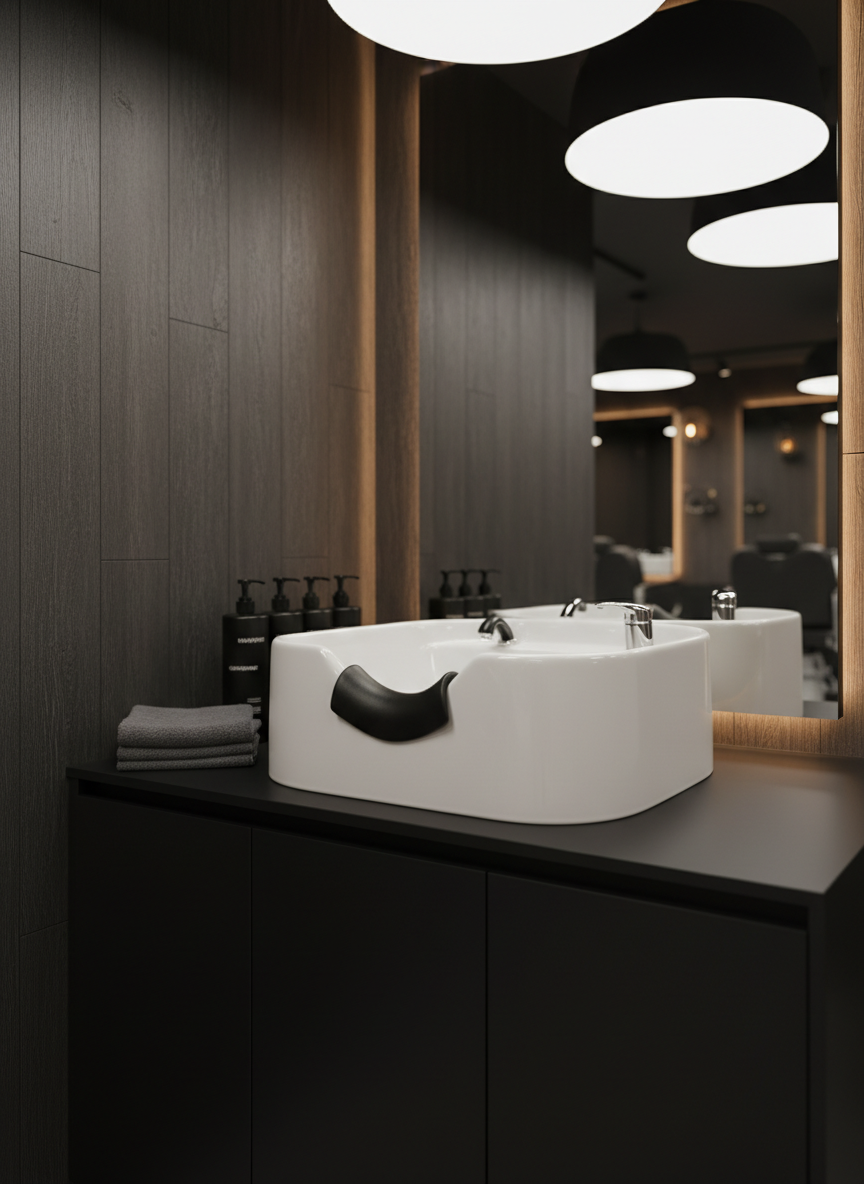 A luxurious barbershop shampoo station rendered in clean, photographic realism, showcasing a glossy white ceramic wash basin with a precisely curved neck rest, integrated into a sleek matte-black cabinet. A neatly folded charcoal towel sits on the edge, beside minimalist black and silver bottles labeled for shampoo, conditioner, and scalp treatments. The setting features a dark wood accent wall and a faint reflection of the space in a subtle side mirror. Soft, diffused overhead lighting mixed with a gentle side glow creates a calm, spa-like atmosphere, highlighting the smooth surfaces and gentle curves of the basin. Shot from a slightly elevated three-quarter angle with moderate depth of field, the composition feels balanced and uncluttered. The mood is professional yet soothing, emphasizing comfort and premium care within a modern hair salon environment.